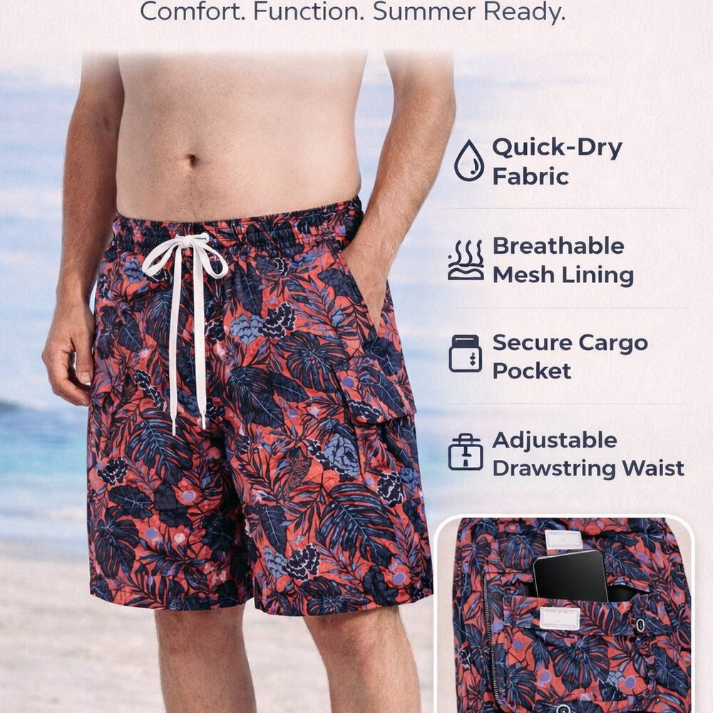 2 Pack Men’s Swim Trunks Cargo Board Shorts Mesh Liner Quick Dry Beach 3 Pockets - Picture 6 of 8
